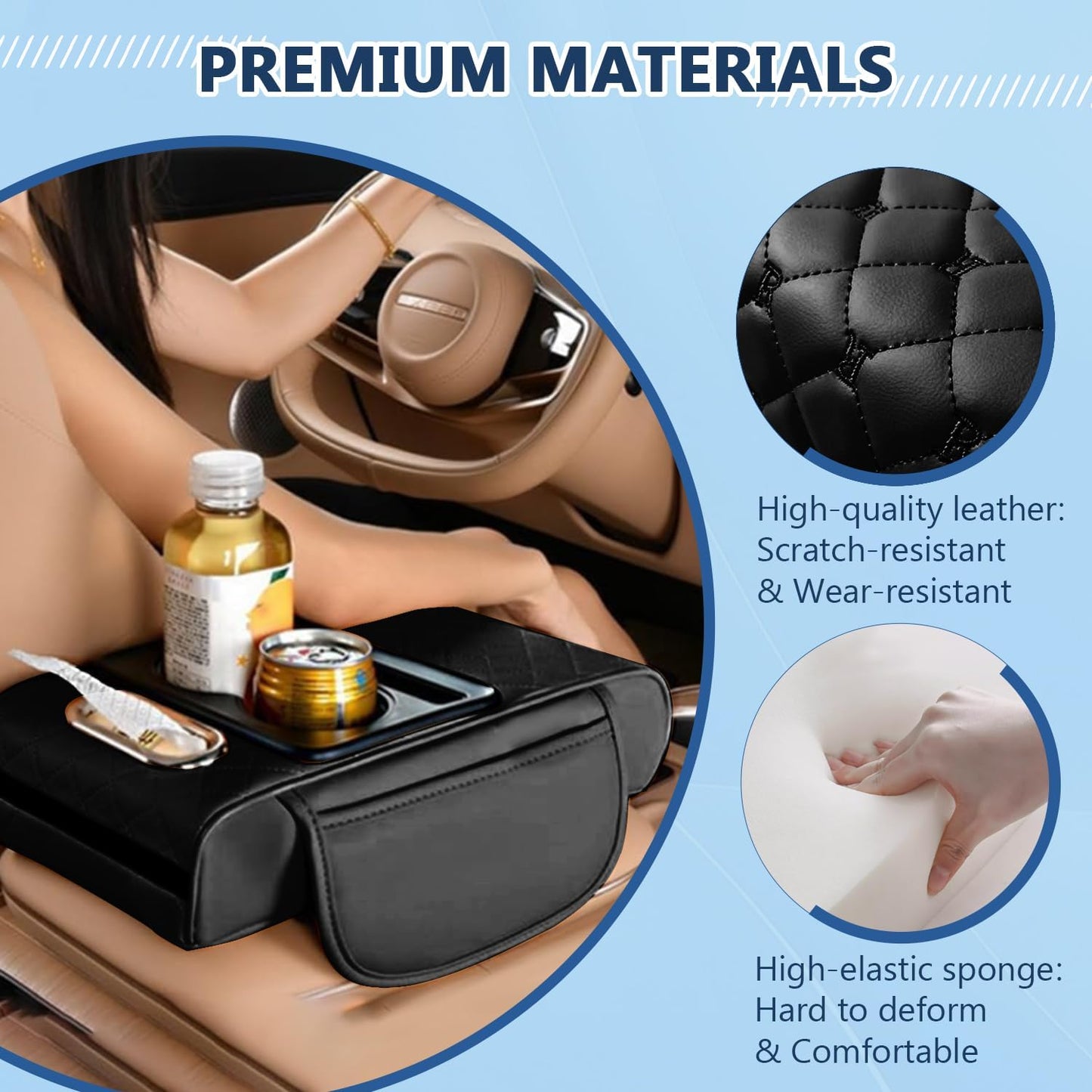 Universal Car Armrest Cushion Organizer, Leather Armrest Cover for Car, 5-in-1 Center Console Cover with Cup Holder, Tissue Box Slot, Mobile Phone Storage Slot, Black