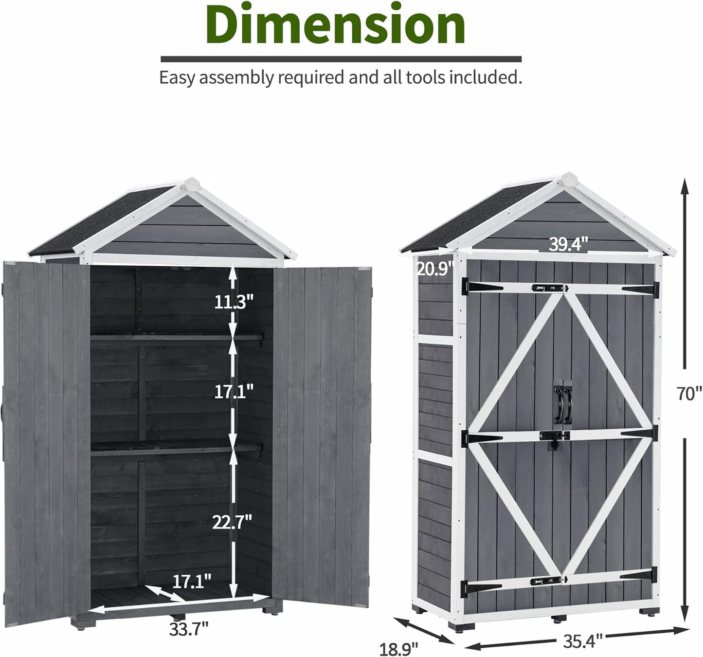 MCombo Outdoor Storage Cabinet with 2 Shelves, Outside Storage Shed with Floor, Wooden Garden Tool Shed with Latch for Yard Deck Lawn, 1000