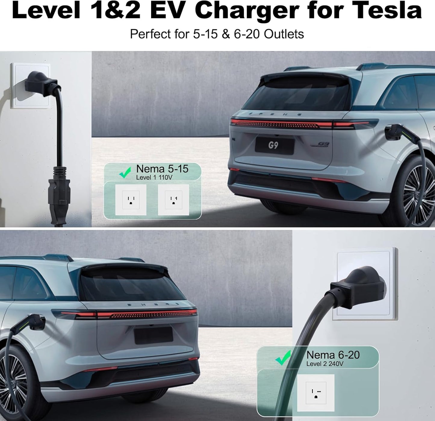 Level 1/2 EV Charger for Tesla 16Amp, Electric Vehicle Portable Charger with 20FT Cable, 3.5KW Home EV Charging Station for J1772 Electric Cars,110V-240V, NEMA 6-20 & NEMA 5-15 Plug