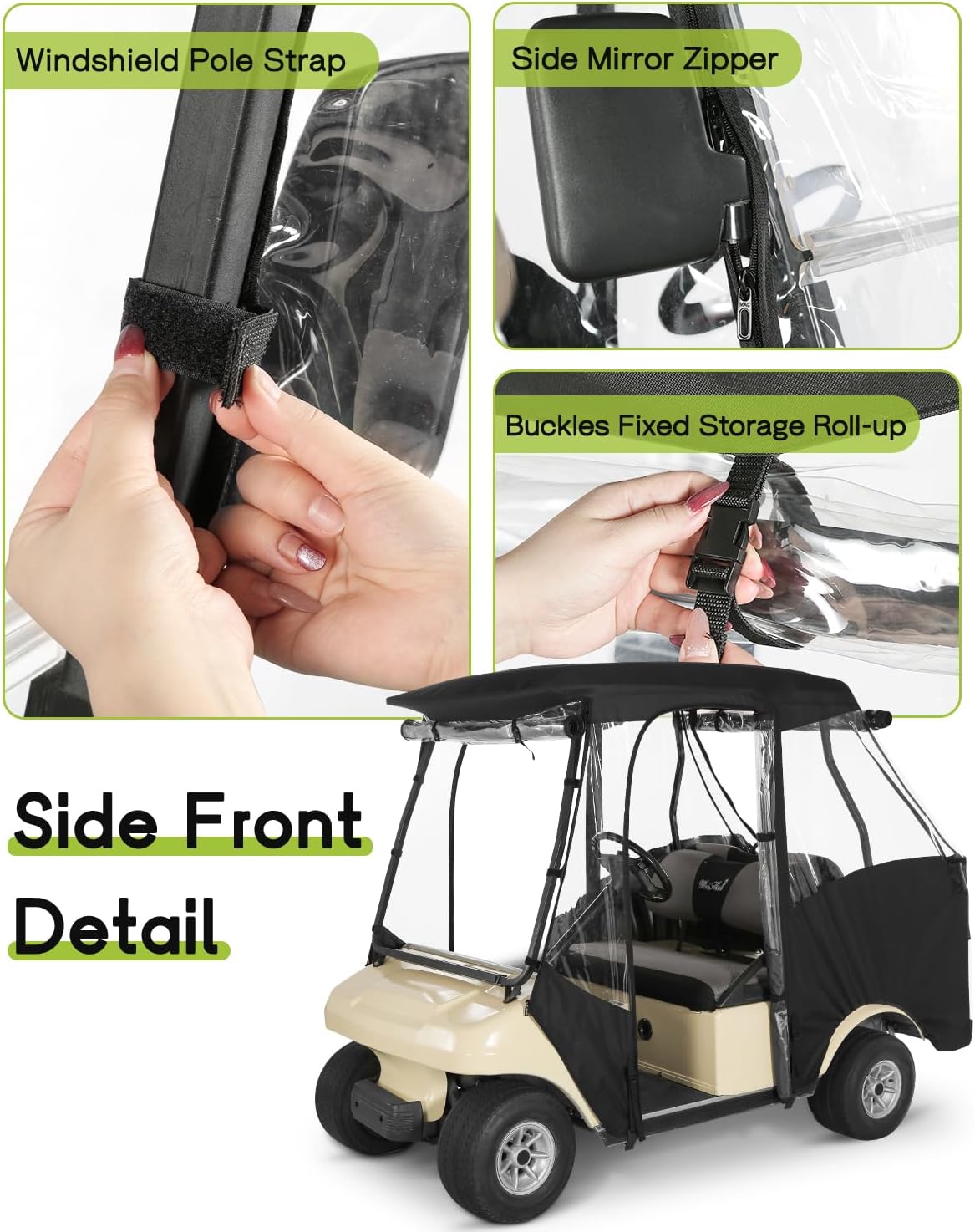 Golf Cart Enclosure 4 Passenger for Club Car DS 2+2 Enclosure Waterproof Windproof Driving Rain Cover Fit 4-Seater Short Roof with 4-Sided Clear Windows Mirror Zipper Roll-up Door Black