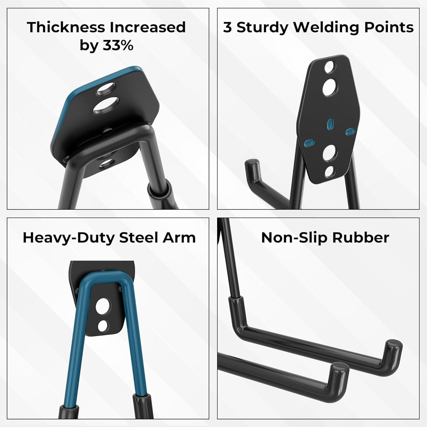 BONTEC Heavy Duty Garage Hooks, Anti-Slip Coated Black Steel with Strong Load Capacity, Multi-Sized U and J Hooks, Easy Wall Mount for Garage, Garden, Workshop (Black, 16 Pack)