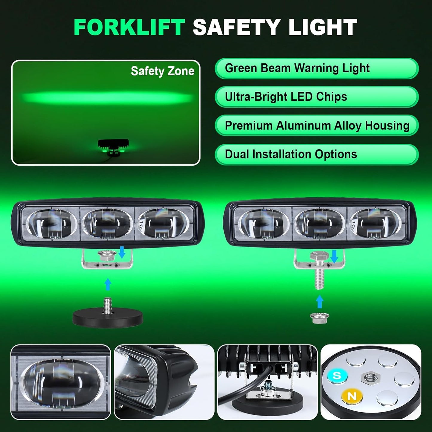 2Pcs Forklift Safety Light Green, 30W Straight Line Forklift and AGV Safety Indicator Warehouse Hazardous Area Warning Light for Warehouse and Industrial Use (DC 10-100V)
