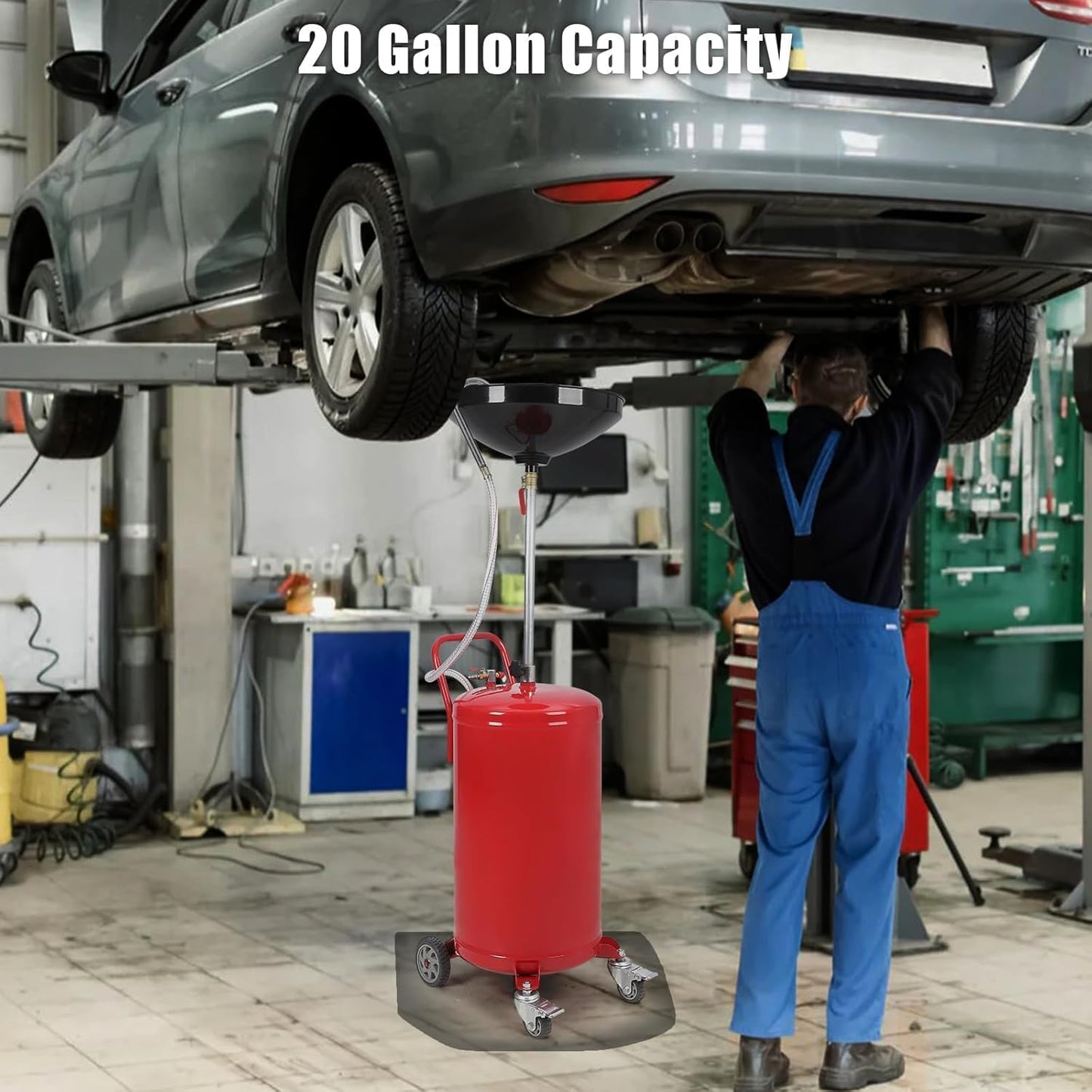 20-Gallon Waste Oil Drain Tank, Air Operated Portable Oil Drainer with Adjustable Funnel Height, Fluid Fuel Transfer Drainage with Wheels, Oil Change Container for Garages, Auto Repair Shops
