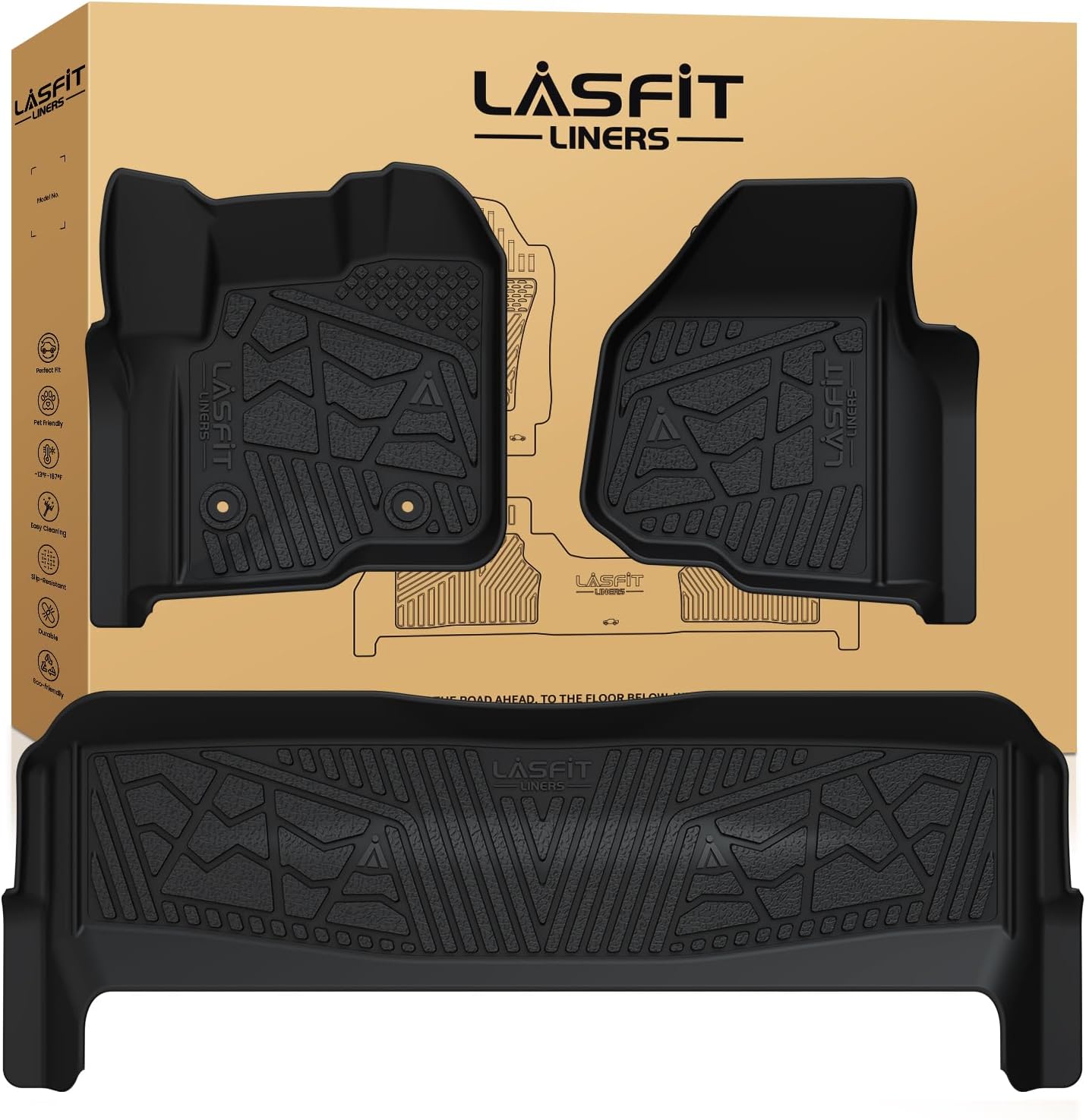 LASFIT Floor Mats for Ford F250 F350 2012-2016 Super Duty Crew Cab Without Manual Transfer Case Shifter All Weather Protector TPE Car Carpet Floor Liners, 1st & 2nd Rows, 3pc Black