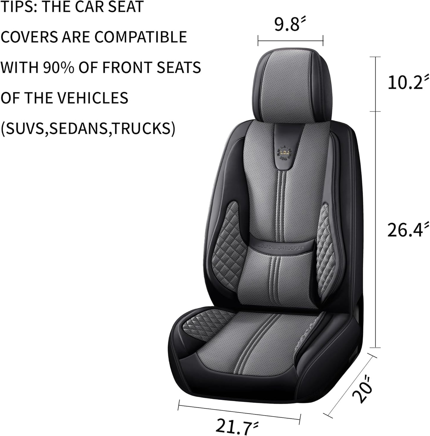 Car Seat Covers Front Only, Black Seat Cover for Cars Compatible Airbag, Easy Install Luxury Leather Automotive Seat Covers with Lumbar Support, for Car, Truck, SUV, Grey