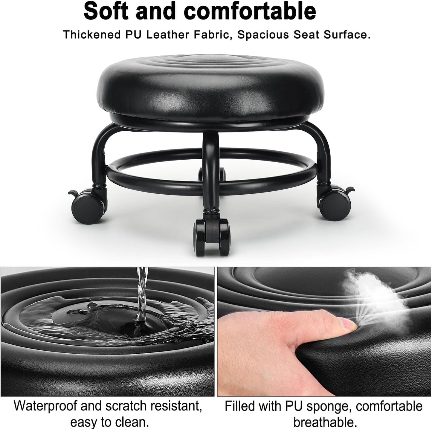 Low Height Rolling Stool Low Roller Stool PU Leather Comfortable Chair, Modern Low Rolling Stool for Home Office Garage Shop