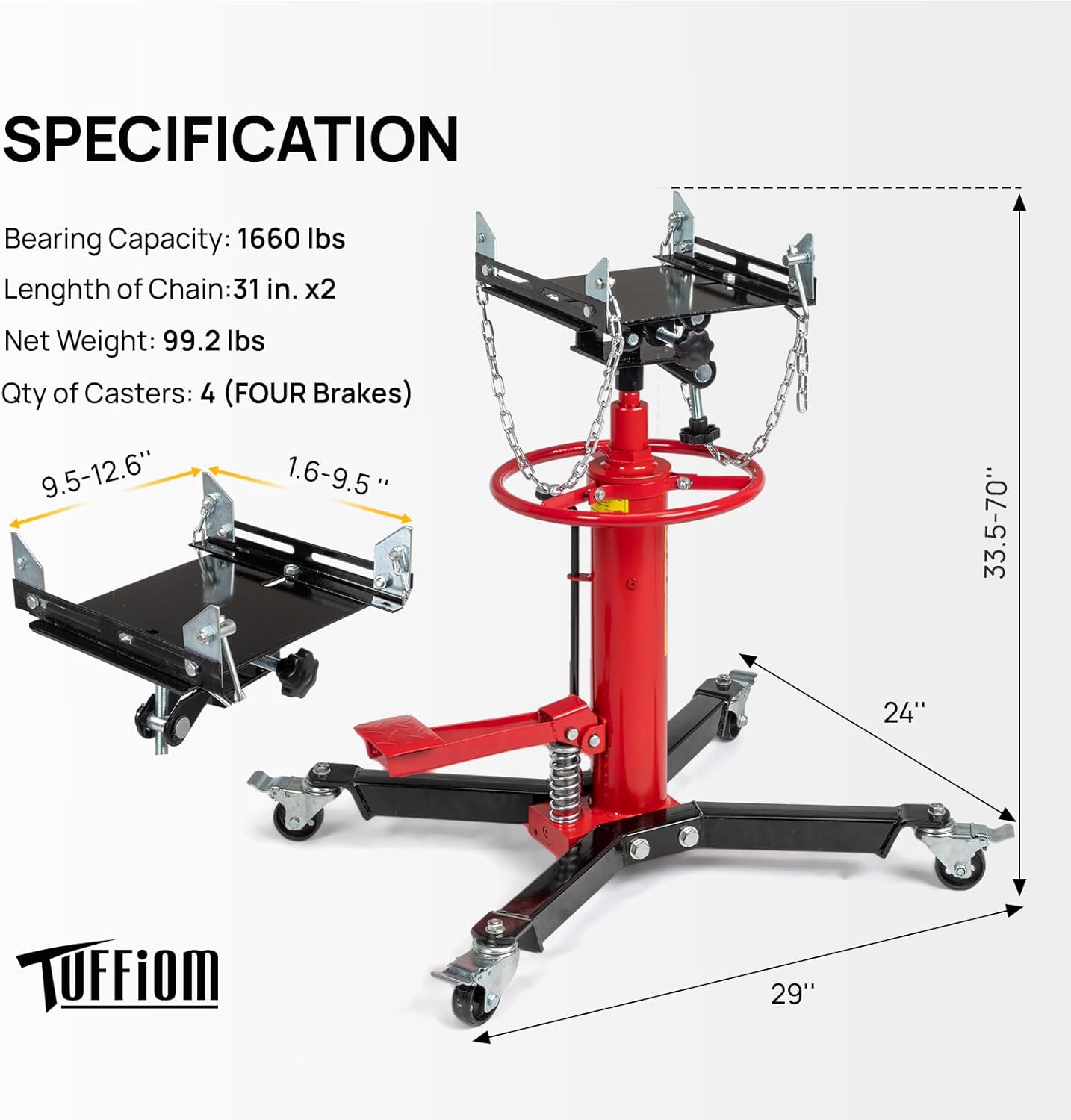 TUFFIOM Transmission Jack, 1660 lbs 3/4-Ton Hydraulic 2-Stage High Lift Vertical Telescoping Floor Jack Stand, 34" to 68" Lifting Range, w/Pedal, 360° Swivel Wheels, Garage/Shop Lift Hoist, Red