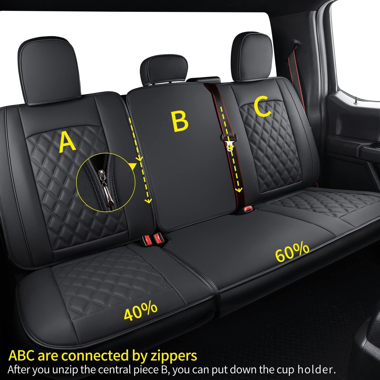 LUCKYMAN CLUB F150 Faux Leather Seat Covers Fit for 2015-2024 2025 F150 SuperCrew and 2017-2025 F250 F350 F450 Super Duty Crew Cab Pickup Trucks(Rear,Black)