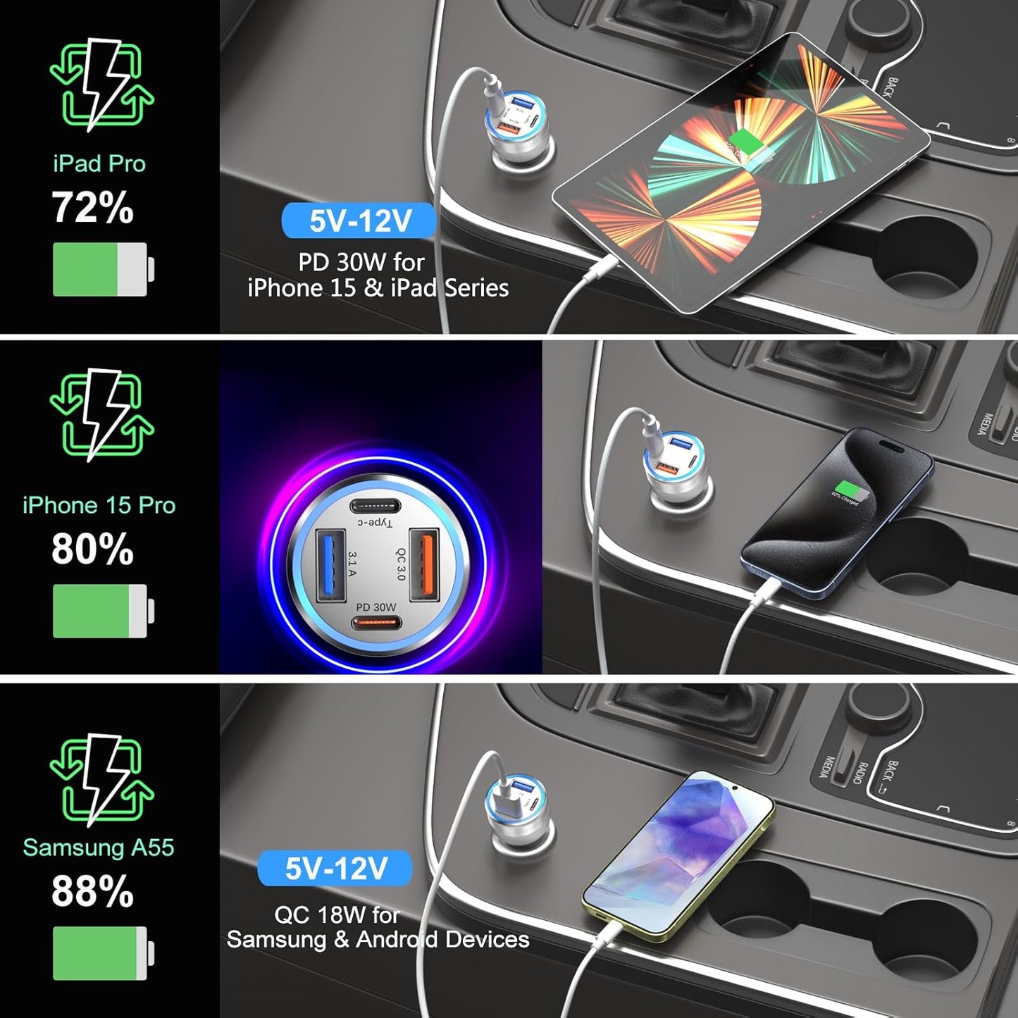 USB C Car Charger 5 Pack, Bangfun 65W 4-Port Dual 12V USB Car Charger QC+PD 3.0 Fast Charging Cigarette Lighter Adapter Plug for iPhone 16 15 14 13 12 11 Pro Max iPad,Samsung (Silver)