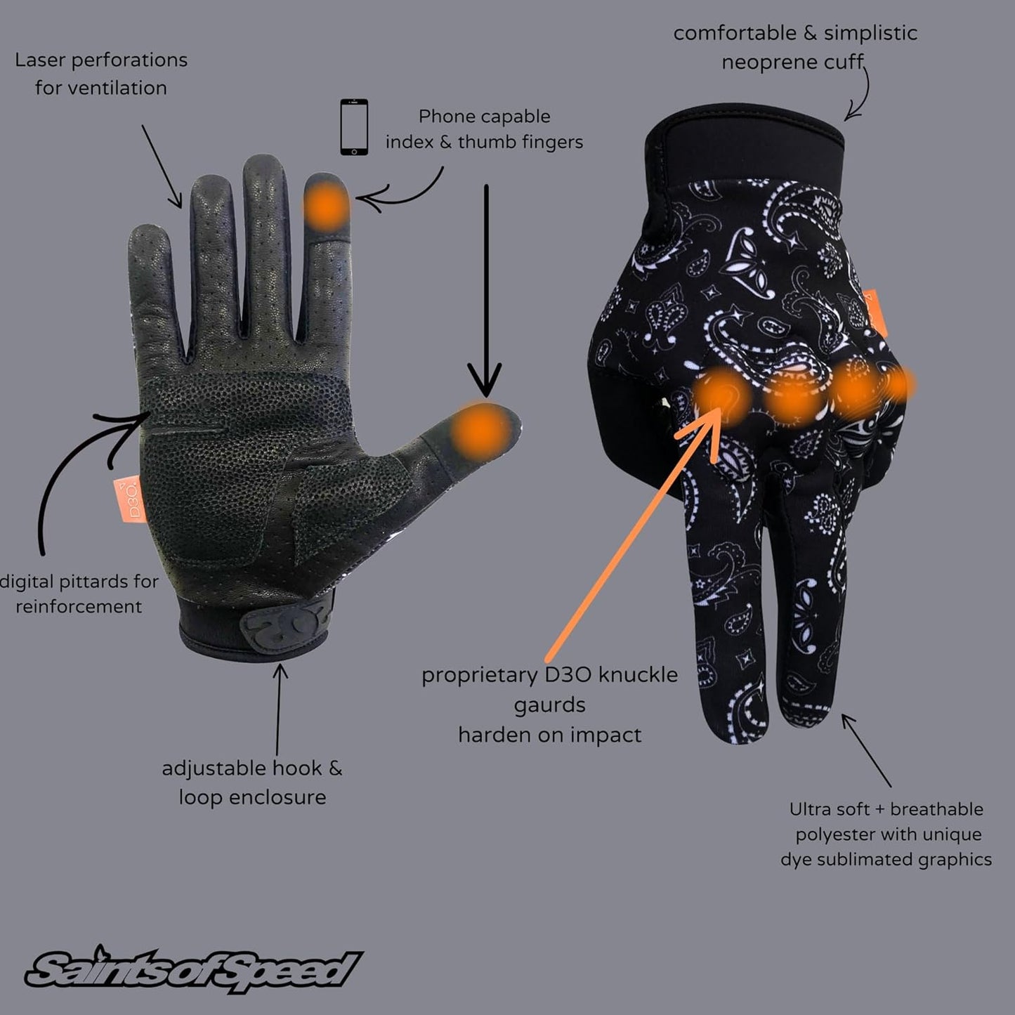 Saints of Speed Motorcycle Gloves – Knuckle Protection, Leather Palms, Touchscreen Moto Gloves for Street & Dirt Bike Riding