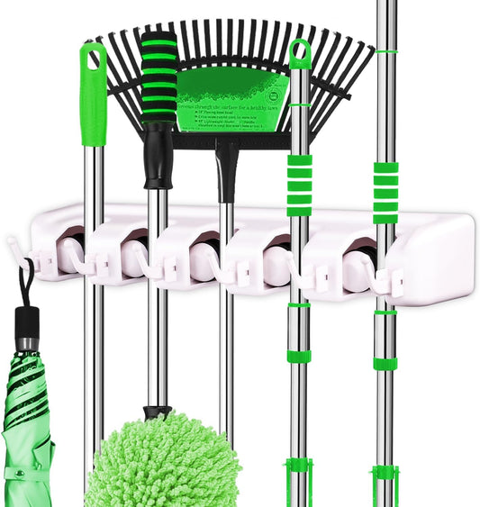 LETMY Broom Holder Wall Mount - Mop and Broom Hanger Holder - Garage Storage Rack & Garden Tool Organizer - 5 Position 6 Hooks Broom Rack for Home, kitchen, Garden, Tools, Garage Organization - White