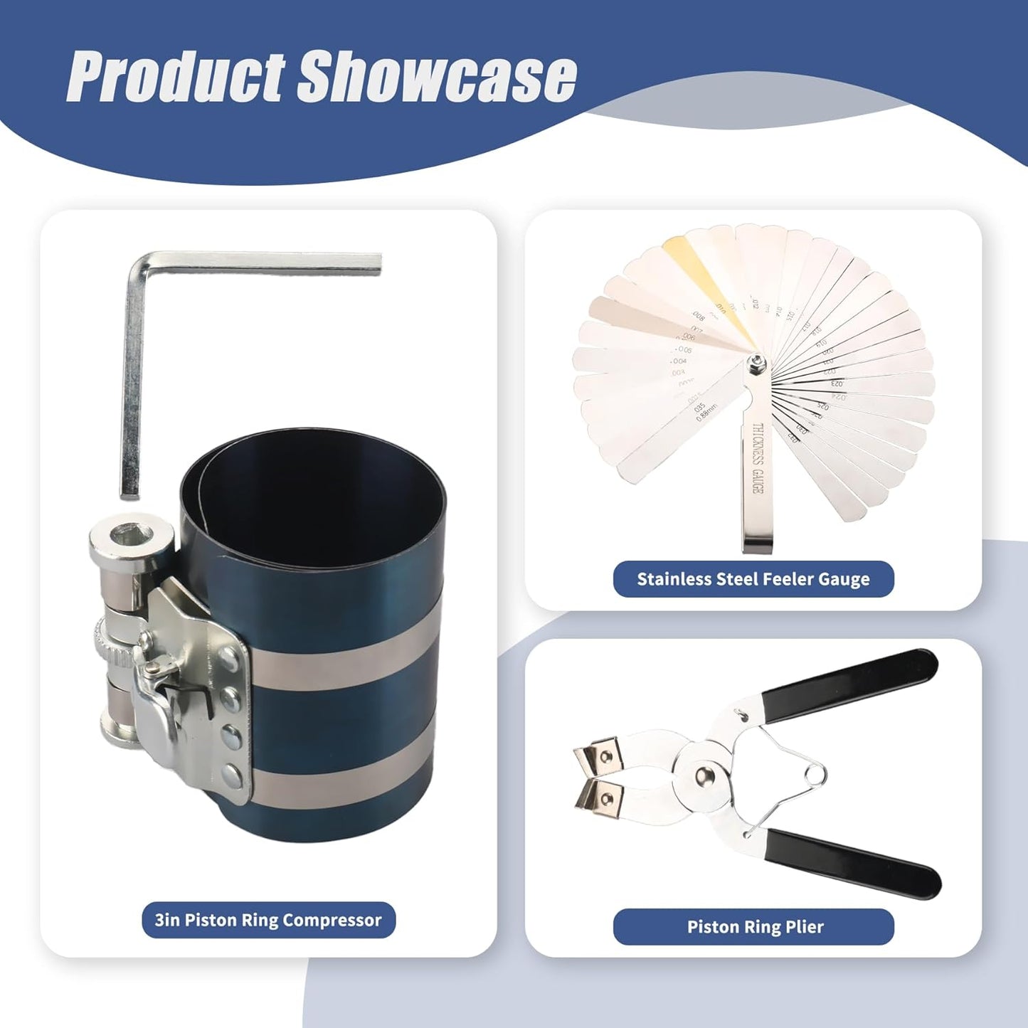 3 Inch Piston Ring Compressor Tool Car Engine Piston Ring Installer Removal Kit for Car Engine with Piston Installer Plier and Stainless Steel Feeler Gauge