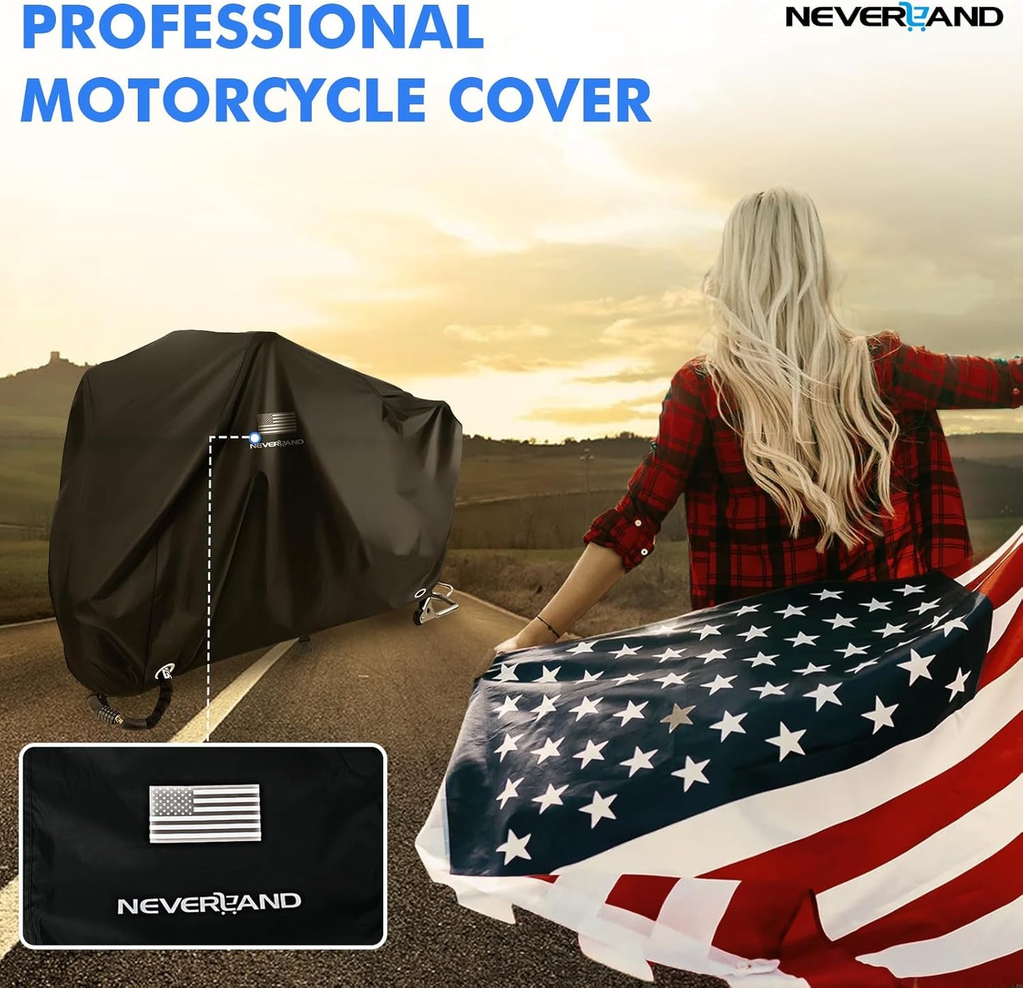 NEVERLAND Motorcycle Cover Waterproof Outdoor - Black Heavy Duty Scooter Cover, Motorbike Cover with Refletive Logo, Lock-Hole, Bandage, Storage Bag-Protect Against Dust, Debris, Rain and Weather(L)