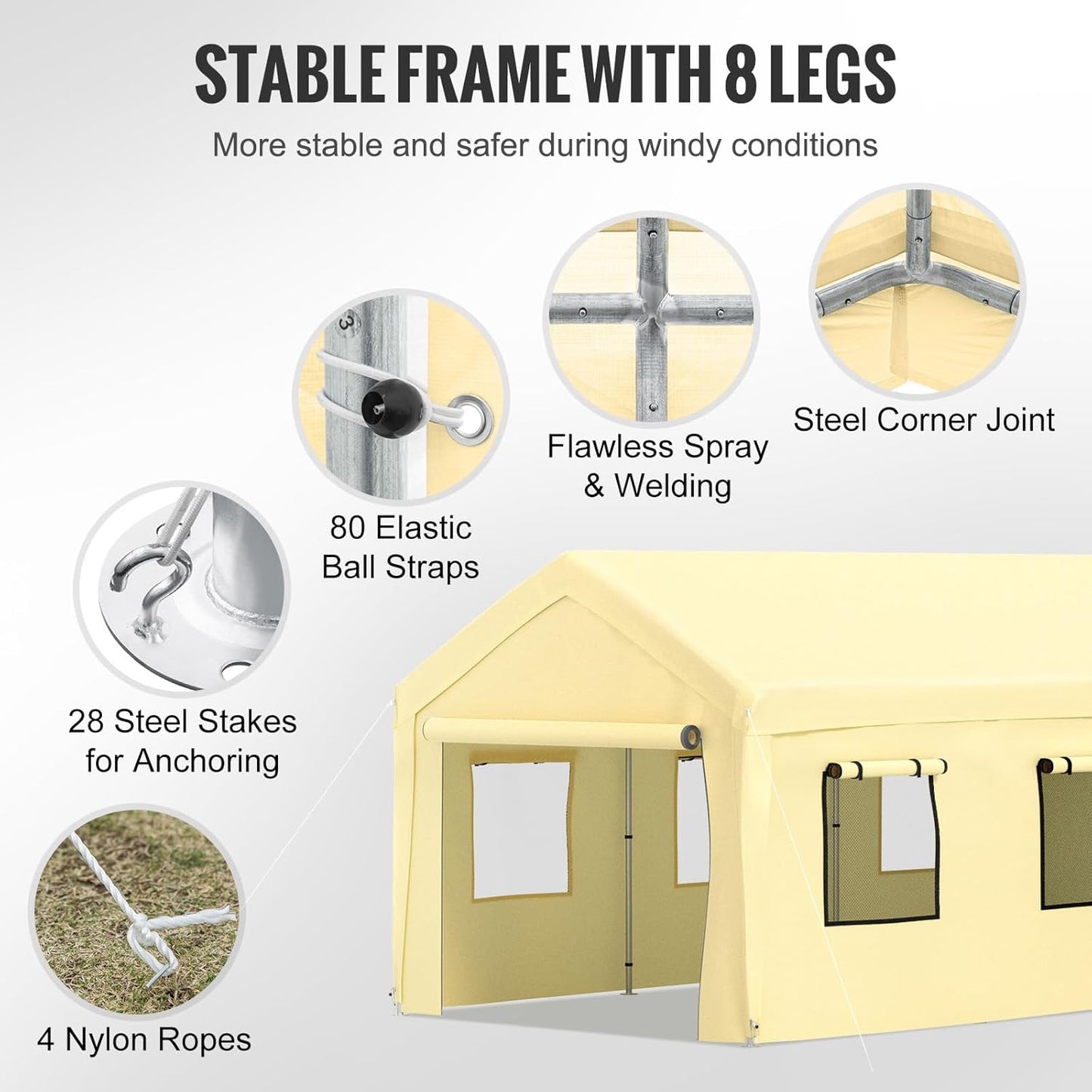 VEVOR Carport 10x20 ft Heavy Duty Canopy, Portable Garage Shelter with 8 Legs, Removable Sidewalls & Windows, Adjustable Peak Height 8.3-10 ft, Ideal for Cars, Boats, and Parties, Yellow
