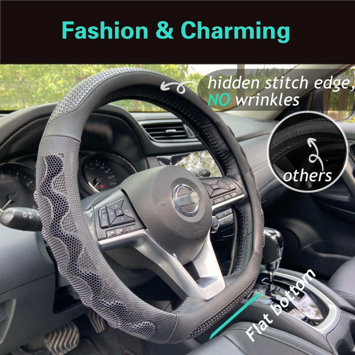 PINCTROT D Shaped 14.5-15 Inch Steering Wheel Cover Great Grip with 3D Honeycomb Anti-Slip Design, Flat Bottom 14.5-15 Inch (All Black)