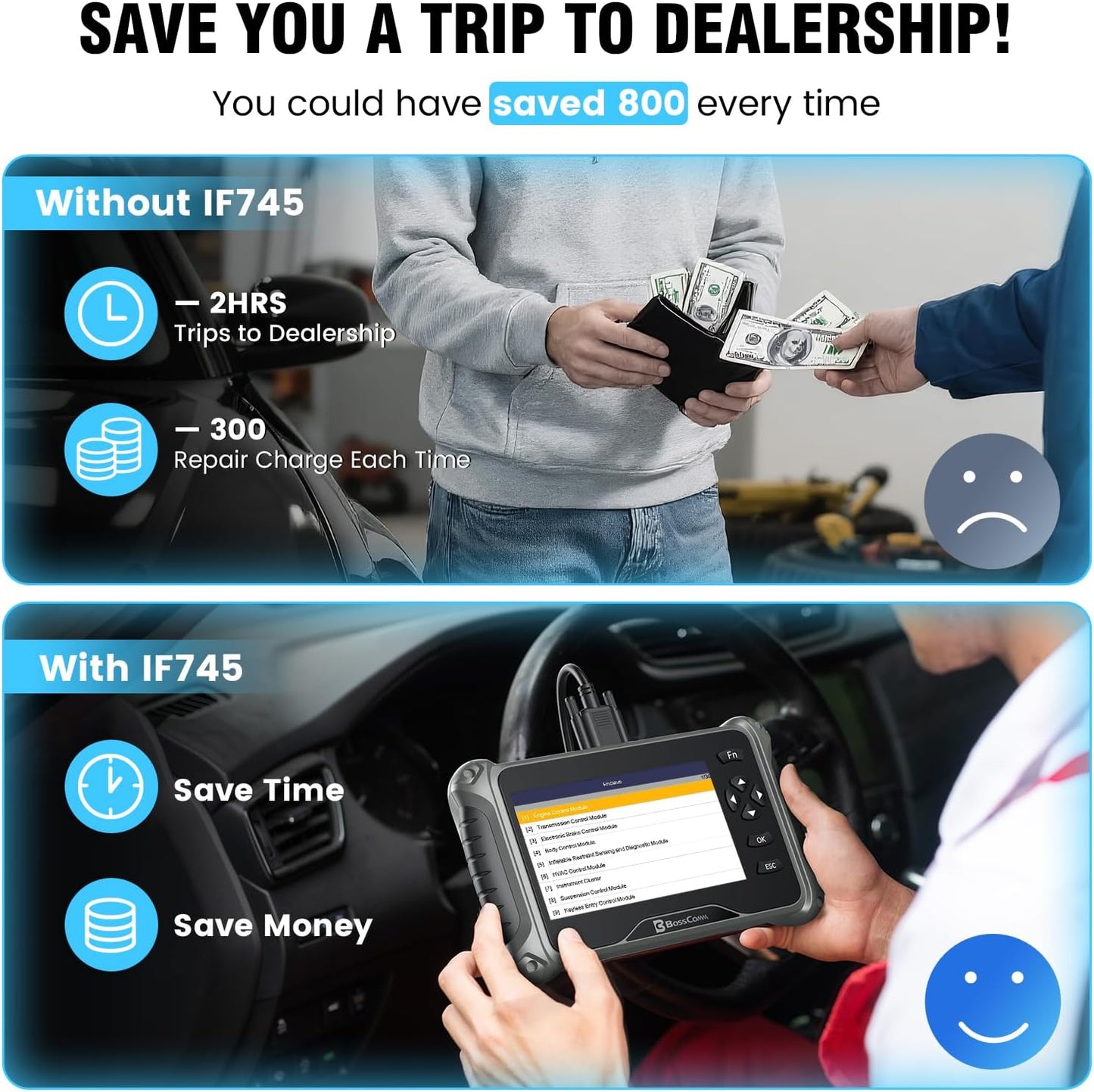 BOSSCOMM IF745 OBD2 Scanner, All Systems Car Code Reader Scan Tool with 6 Resets, ABS Bleeding/OiL/EPB/SAS/Throttle/Battery, Car Scanner Diagnostic Tool for All Cars, Easy to Use, Lifetime Free Update