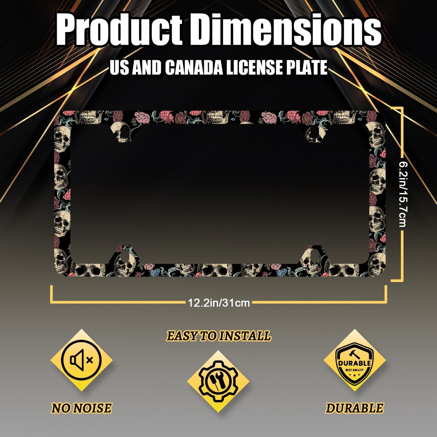 Skulls Flowers License Plate Frame Colorful Skull License Plate Stainless Steel Funny Accessories Cars Decor 12.2 X 6.2 Inch with 4 Holes and Screws Fits Standard Us Ca Vehicles