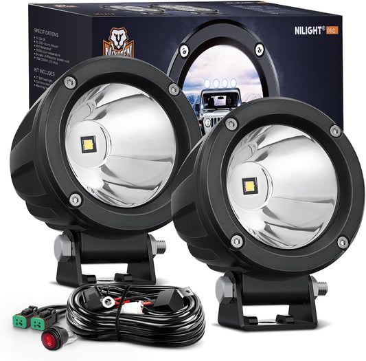 Nilight LED Light Pods 2 PCS 3" Spot Round Offroad Driving Auxiliary Fog Lights 1065LM Built-in EMC w/18AWG DT Wiring Harness Kit for Motorcycle SUV ATV Truck Boat