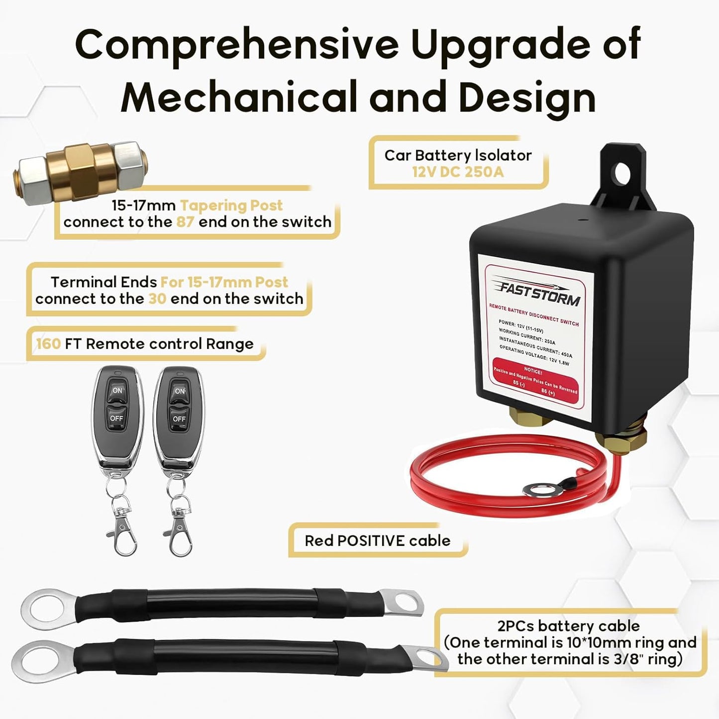 Side Post Remote Battery Disconnect Switch 12V, 250A Negative Battery Cut Off Switch Anti-Theft Kill Switch Kit Upgrade Prevent Battery Drain for Car Truck, RV Auto, Boat,Vehicle etc