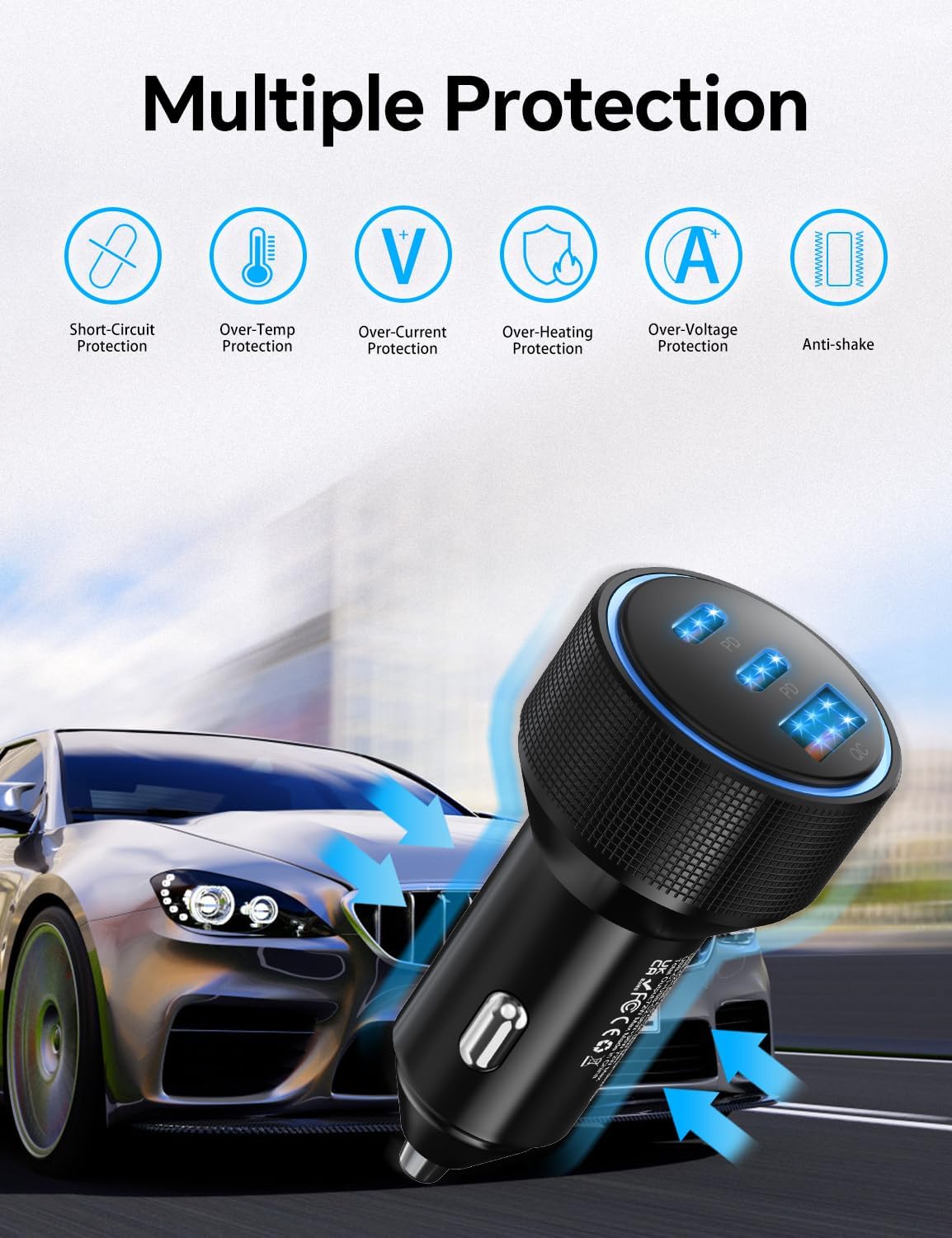 for iPhone 15/16 Pro Max Car Charger, 72W 3-Port Fast USB C Car Charger Power Cigarette Lighter Adapter with 2x3FT USB C to C Cable for iPhone 15/15 Plus/15 Pro Max/16/16 Pro Max, iPad Pro/Air/Mini
