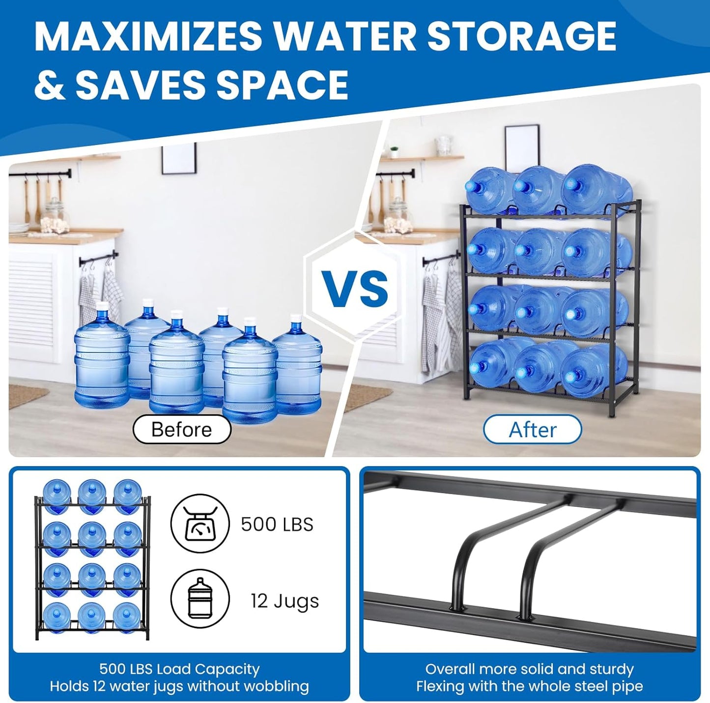 jolybebe 5 Gallon Water Jug Holder for 12 Bottles Without Wobbling, New Upgraded Heavy Duty 4 Tier Thicken Water Bottle Storage Rack for Home, Office, Kitchen, Warehouse, Garages Black