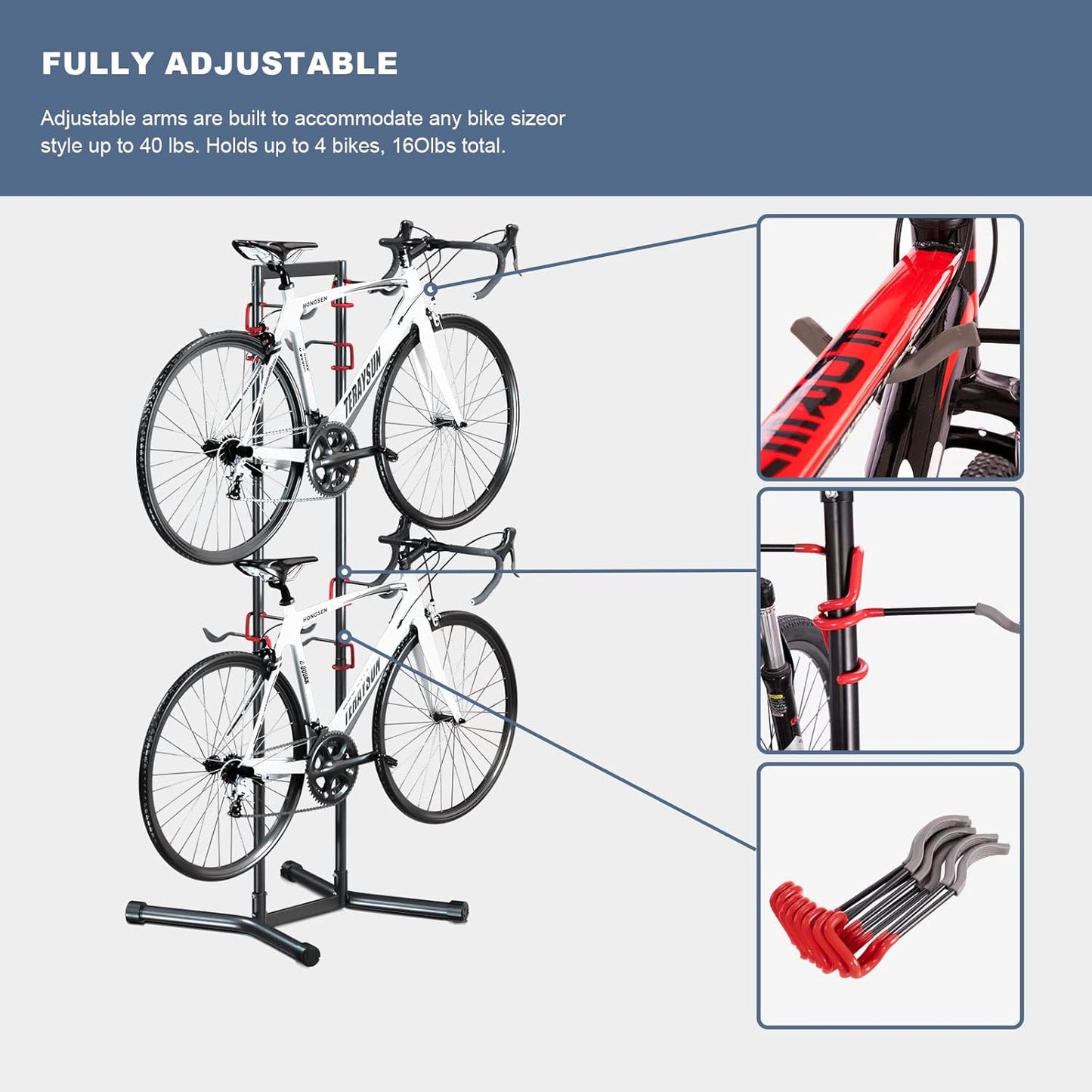 teraysun Indoor 4 Bike Storage Rack, Adjustable Arm Hook for Mountain, Road Bicycles, Beach Cycle, and Fat Tire Bikes, Freestanding Mount Home & Garage Vertical Bike Floor Stand Hold Up to 154lbs