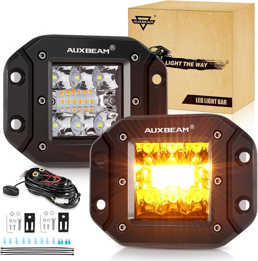 Auxbeam 5 Inch Flush Mount Led Light Pods, Amber Flush Mount Bumper Fog Lights 6 Modes Strobe Cube Pod Light Bar Yellow Spot Flood Offroad Driving Ditch Lights for Truck Jeep Car ATV