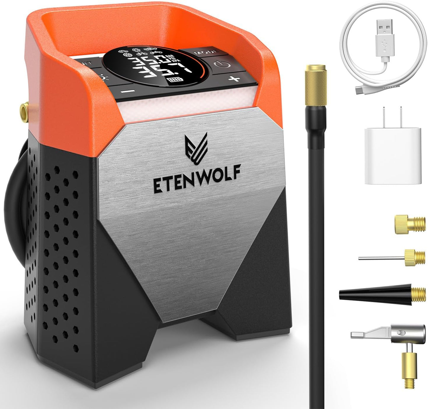 ETENWOLF Zephyr S5 Heavy-Duty Tire Inflator Portable Air Compressor, 160PSI &15600mAh Cordless Air Pump with LED Light for Car Tires, Bike, Motorcycle, Balls, Pickups (Vivid Orange)