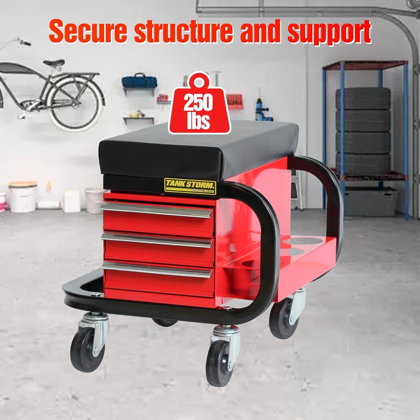 Tool Box Built-in Creeper Seat, Garage Shop Roller Seat, 3 Drawers Heavy Duty Tool Chest with 4 Rolling Casters-350 Lbs Capacity