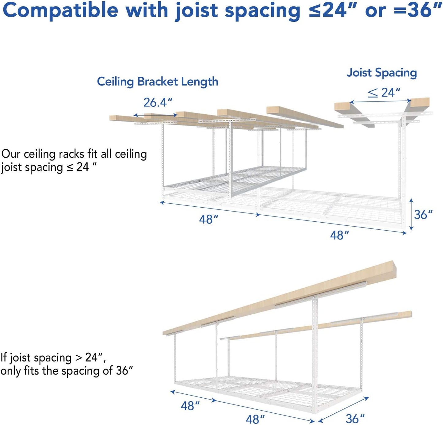 FLEXIMOUNTS 3x8 Overhead Garage Ceiling Storage Rack, Adjustable Garage Organization System, Heavy Duty Metal, 600lbs Weight Capacity, White