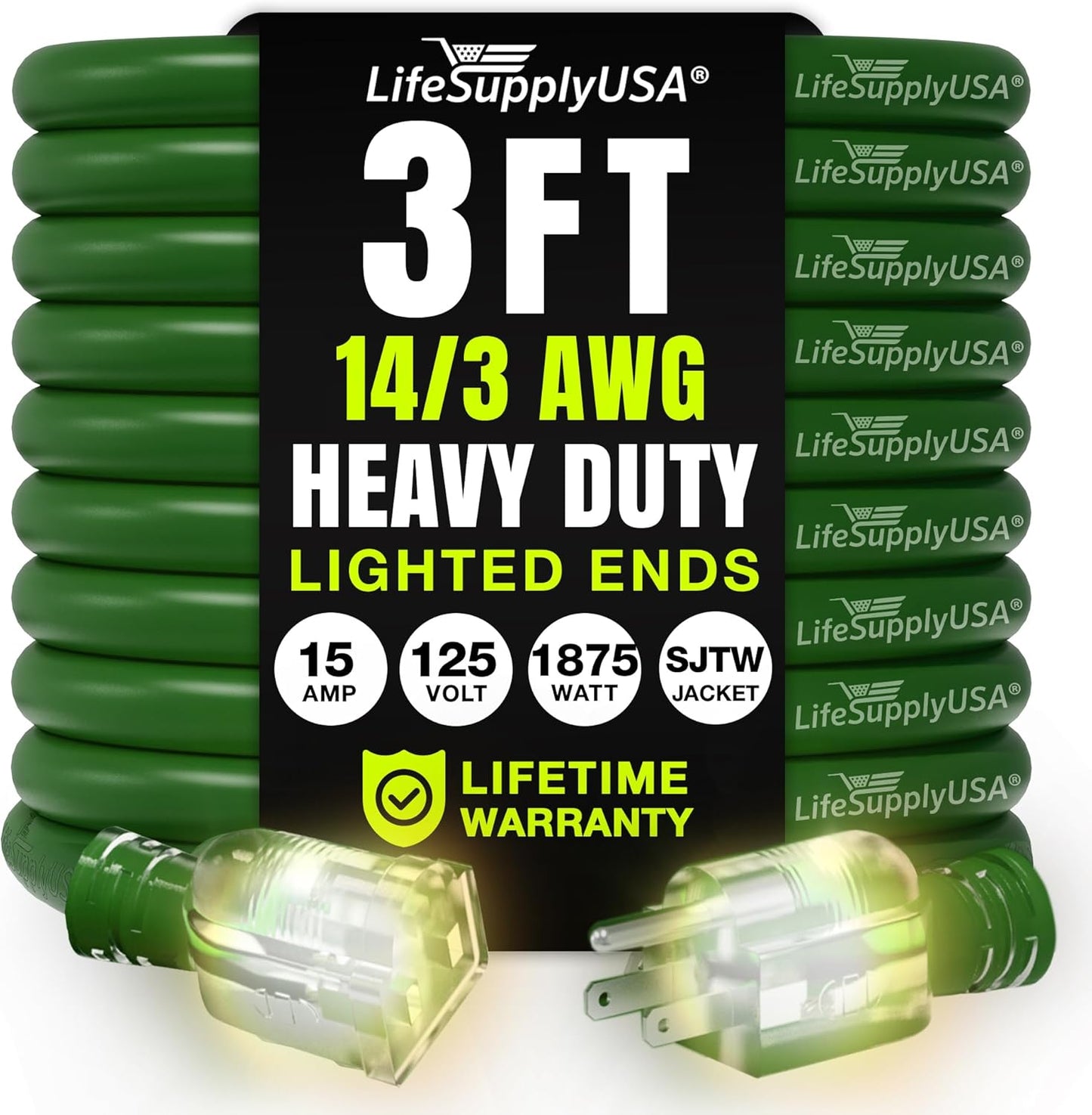 3ft Outdoor/Indoor Extension Cord 14/3 Gauge Heavy Duty 3 Prong SJTW, Waterproof, Flexible Cold-Resistant Long Power Cord,15A 125V 1875W, Green by LifeSupplyUSA