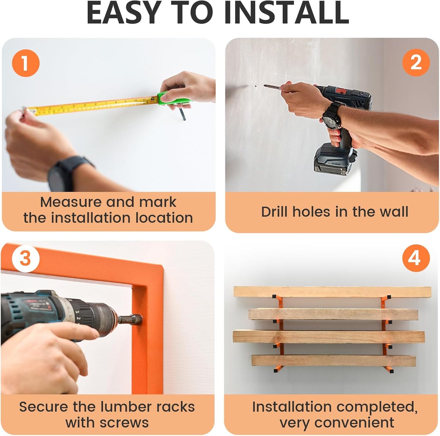 2 Pack Wood Organizer and Lumber Storage Rack Wall Mount, Heavy Duty Wood Storage Organizer Racks with 4-Level System for Garage, Workshop, Basement, Holds Up 220 LBS Per Level (Orange)