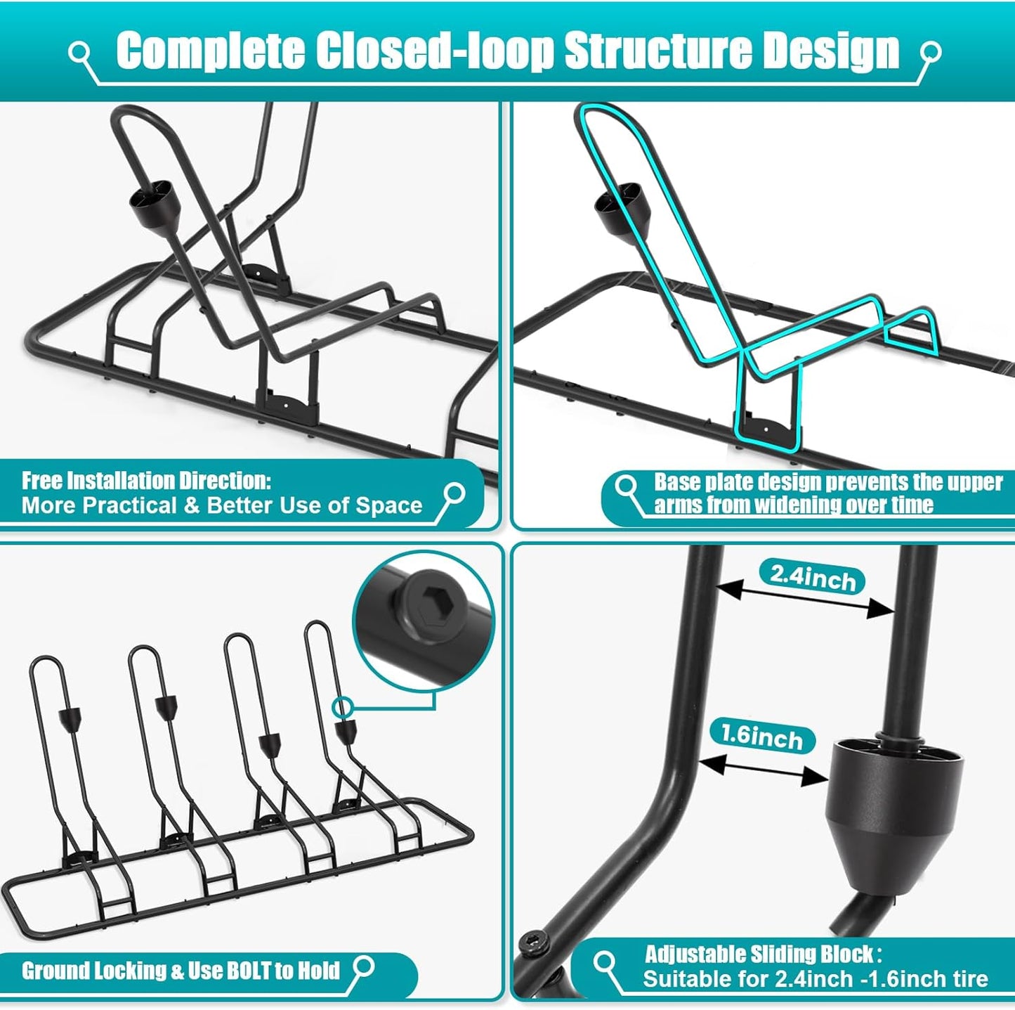 Floor Bike Rack for 4 Bikes, Bike Stand Anti-Collision Protects Disc Brake & Derailleur, Bicycle Holder Road/Kids/MTB Bicycles, Fits 12"-29" Tires, for Indoor Outdoor Garage