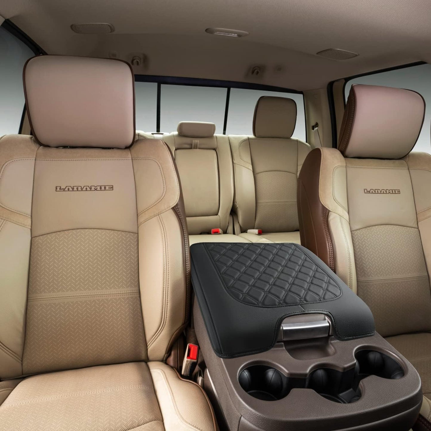 GIANT PANDA Custom Fit Console Cover for 2013-2018 Ram 1500 & 2013-2024 Ram 2500/3500/1500 Classic Model Jump Seat Console - Waterproof Faux Leather Armrest Center Cover - Full Protection - Black