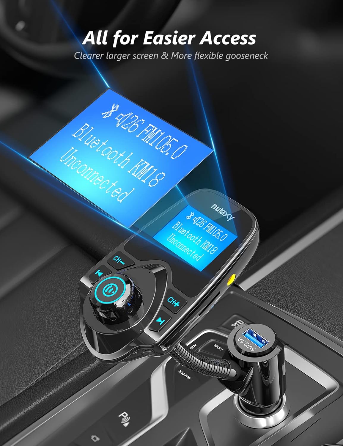 Nulaxy Car Bluetooth FM Transmitter [2024 Upgraded], 1.44" Display Flexible Gooseneck, Handsfree Call Wireless Music Stereo Audio Player Radio Adapter Car Kit USB Phone Charger, TF SD Card AUX-KM18
