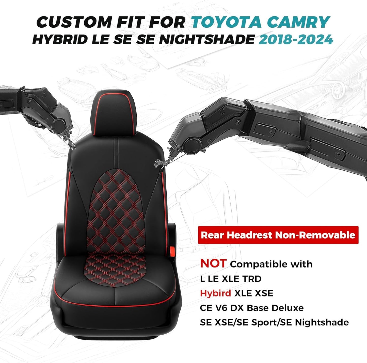 for Toyota Camry Seat Covers Hybrid LE SE 2018 2019 2020 2021 2022 2023 2024 - Custom Car Seat Covers Full Set, Waterproof Breathable Seat Cover for Cars, Leather Cushion Protectors Black Red