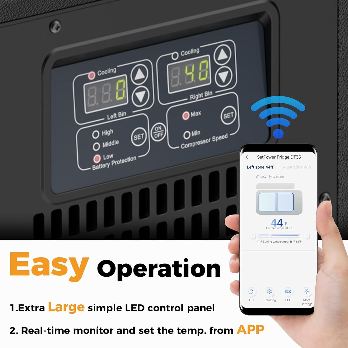 Setpower DT55 Portable Refrigerator with APP Control, 59QT(55L) Dual Zone Fridge Freezer, Electric Coolers for Vehicles AC/DC, Car Refrigerator 12V Portable Fridge