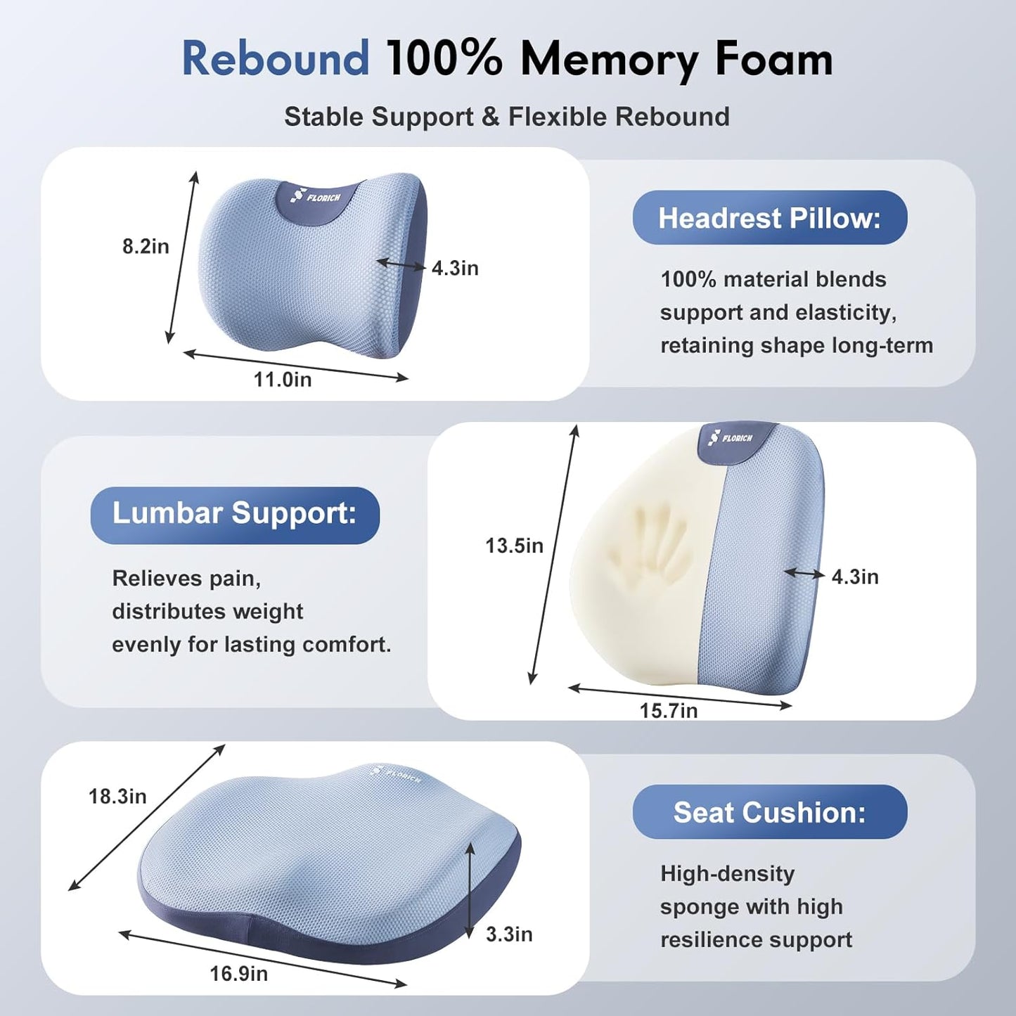 FLORICH Seat Cushion and Lumbar Support Pillow for Office Chair Car, Car Neck Pillow, Ergonomic Memory Foam Back Support for Office Gaming Chair Wheelchair, Relieves Neck, Back & Sciatica Pain – Blue