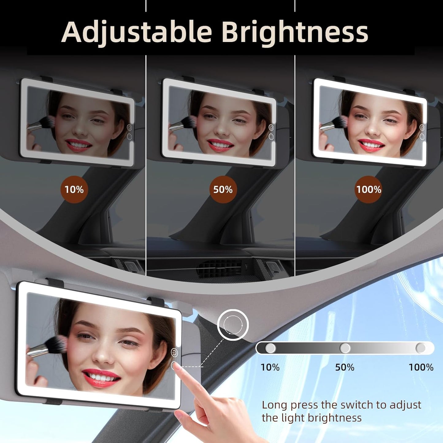 Solar Car Sun Visor Vanity Mirror, Sun Visor Makeup Mirror for Car,Dimmable with 3 Light Modes