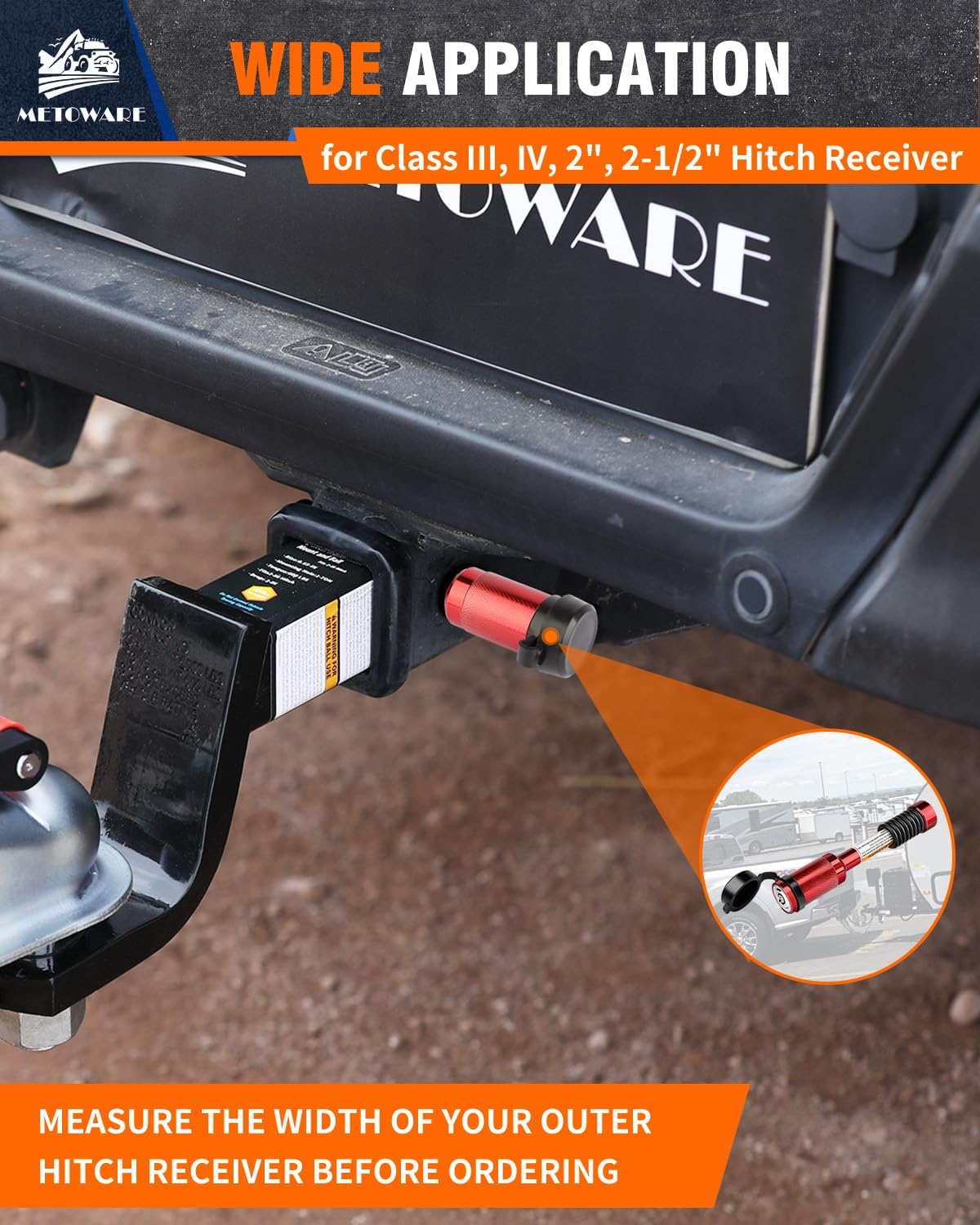 METOWARE Trailer Hitch Lock, Tailer Receiver Lock Fits Class III/IV, 2", 2-1/2" Hitch Receiver with 5/8" Dia Pin and 8 Rattle Rubber O-Rings, for Trailer, Truck, Car, Boat (Red)