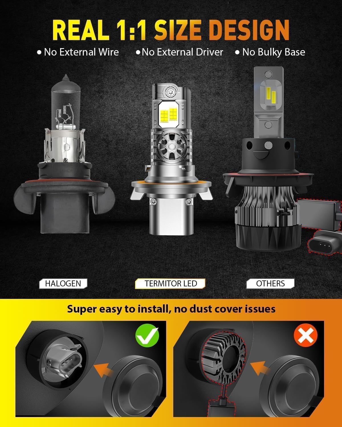Upgraded H13/9008 Bulbs, 60,000LM 10X Super Brighter, 85000+ Hours Long Service Life, 6500K Cool White, Real 1:1 Halogen Size Fog Lights, Plug N Play, Pack of 2