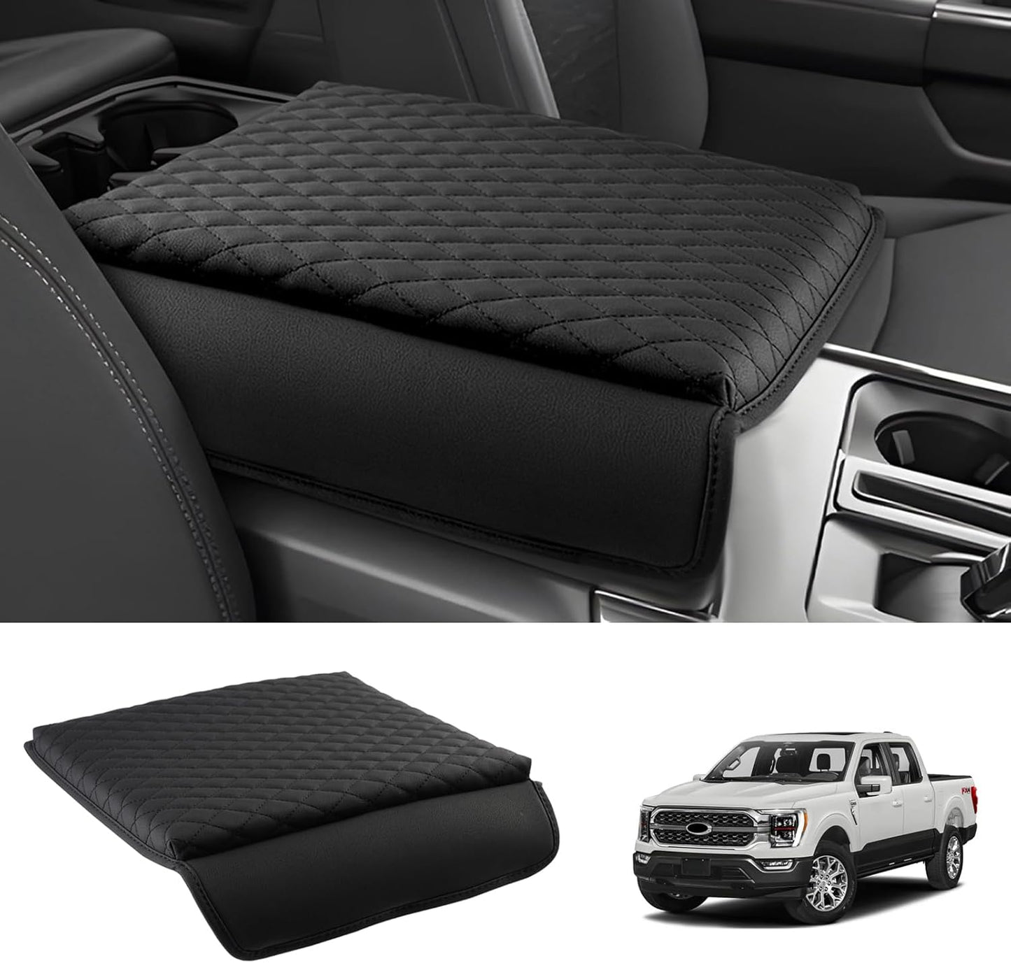 Shademax Custom Fit for Center Console Cover Ford 2021-2025 2026 F-150 Ford F150, 2022-2025 F150 Lightning Work Surface Console Armrest Cover Console Cushion Pad PU Leather Armrest Seat Box Protector