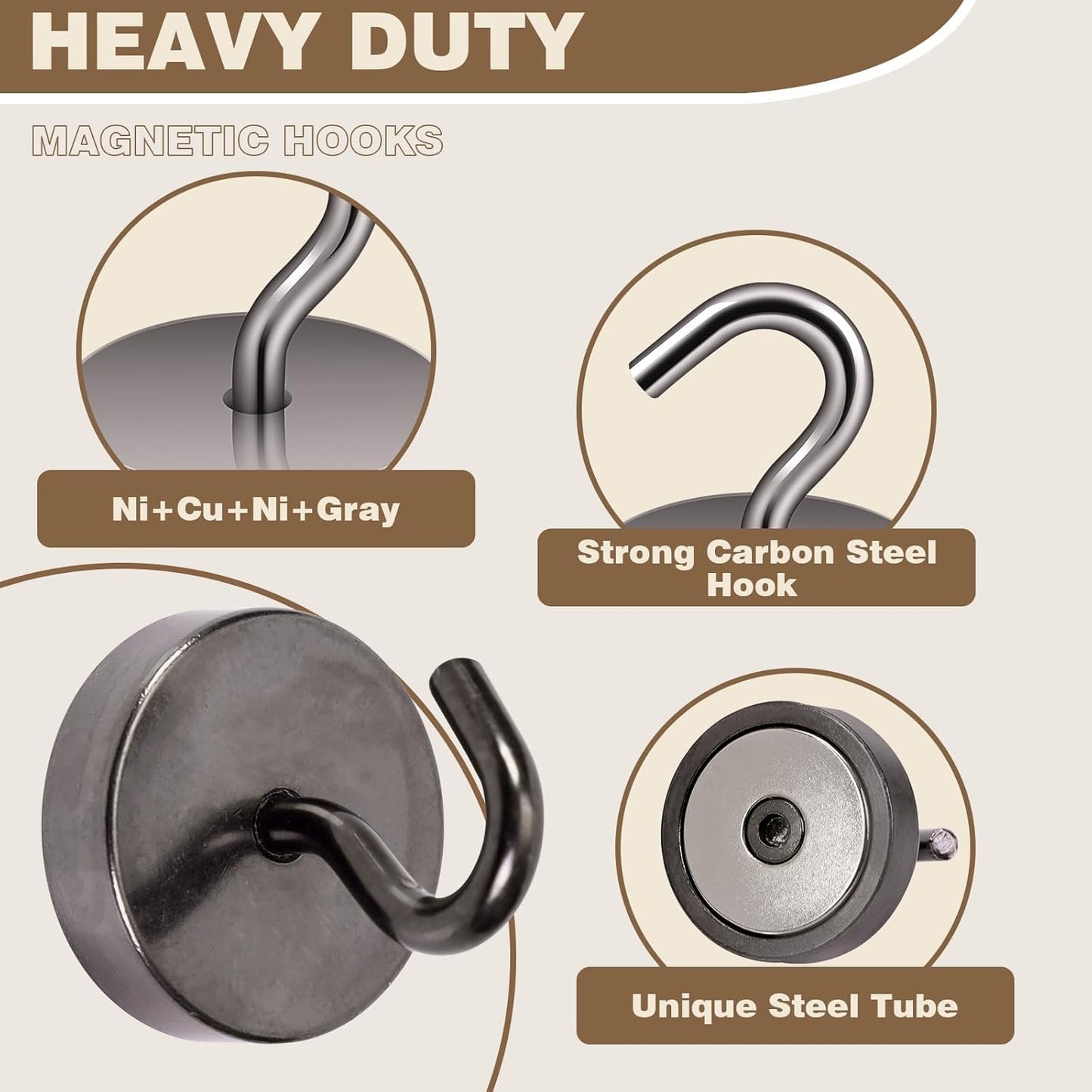 Neosmuk Magnetic Hooks, Cruise Ship Essentials, 80lb+ Heavy Duty Magnetic Hooks for Cruise Cabins, Refrigerator, Grill, Hanging, and Travel | Extra Strong Must-Haves Magnet Hook,Brown