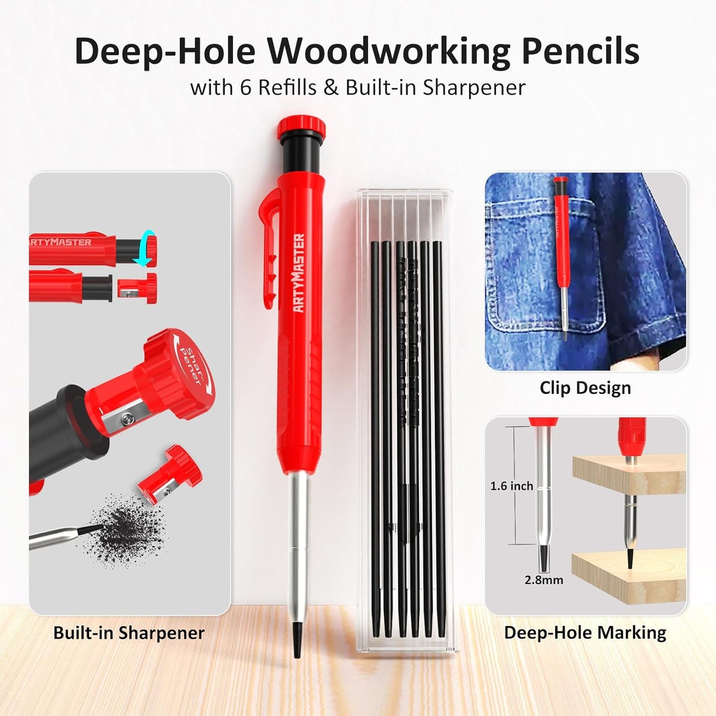 3.8＂Mini 3D Multi-Angle Measuring Square Ruler, WT102A High Precision Hole Scribing Woodworking Tools, 0-90° Aluminum Alloy Carpenter Square Wood Working Tools, Carpenter Pencils 6 Refills.