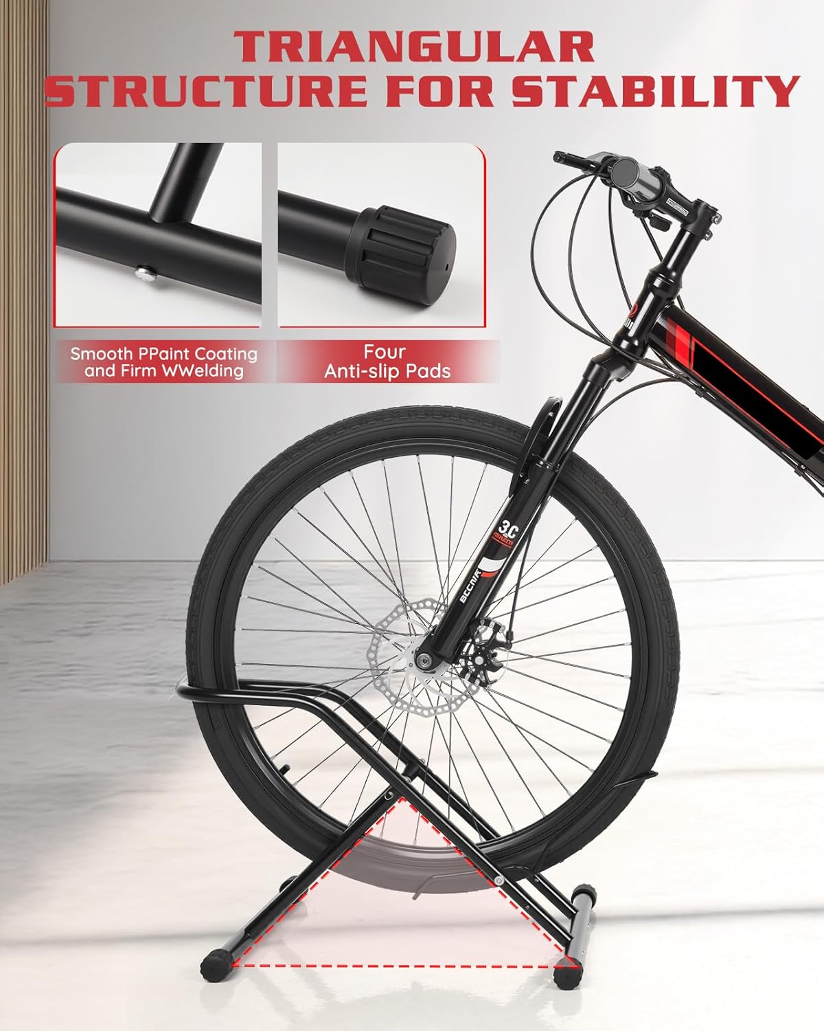 Upgraded 4" Wide Tire Floor Bike Stand Rack, Heavy Duty Garage Indoor Bike Storage, Fits 20"-27" Wheels, Kids Road Mountain Bikes, 66lbs Max Load, Anti-Slip Rubber Base