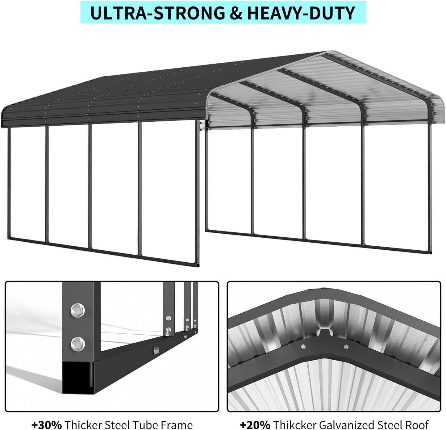 12x20 FT Metal Carport, Heavy Duty Car Port Canopy with Galvanized Steel Roof & Frame, Large Metal Carport Kit, Steel Car Shelter, Outdoor Car Garage for Car, Boat, Truck, Black