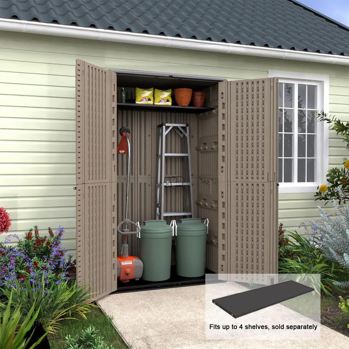 KINYING Sheds & Outdoor Storage, 66 cu.ft Vertical Outdoor Storage Cabinet, Resin Storage Sheds Outdoor with Floor for Garden Tools,Patio Furniture,Garbage Cans(Brown Color)