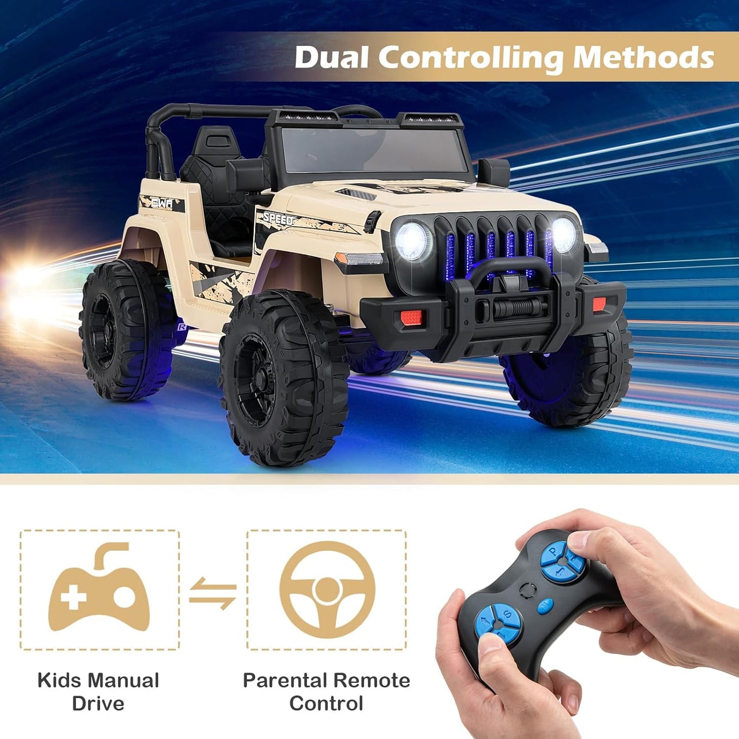 INFANS Kids Ride on Car Truck with 2.4G Remote Control, 12V Battery Powered Electric Cars for Kids w/3 Speeds, Battery Display, LED Lights, Safety Belt, Music & Horn, Bluetooth/FM/USB (Khaki)