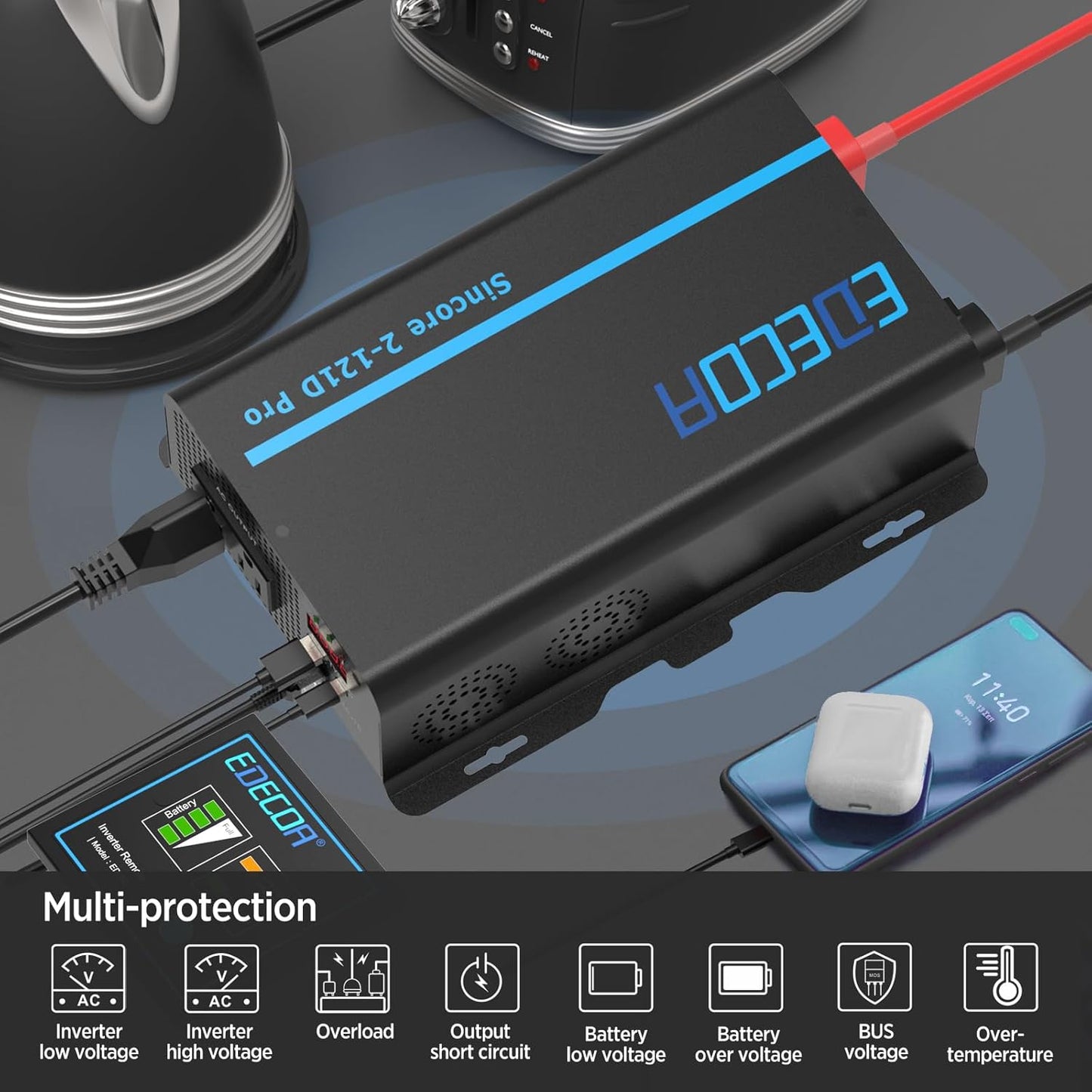 EDECOA Pure Sine Wave Inverter 1200W 12V DC to 110V AC Power Inverter with USB Port and Type-C Port 2 AC Outlets Remote Control LED Display for RV Car Boat Household