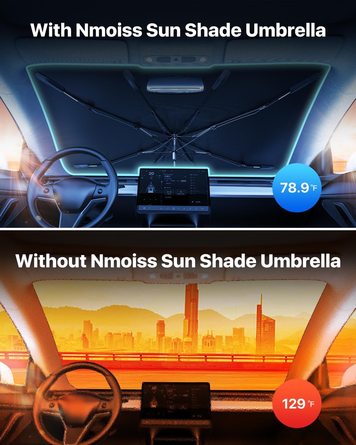 Windshield Sun Shade Umbrella for Car - [Vinyl Coating Heat Shield] Protect Car from Sun Rays & Heat Damage Keep Cool and Protect Interior Large (61" L x 35" W)
